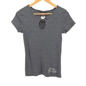 Harley Davidson Womens Charcoal Grey‎ Keyhole Neck T Shirt Sz M Y2K Motorcycle